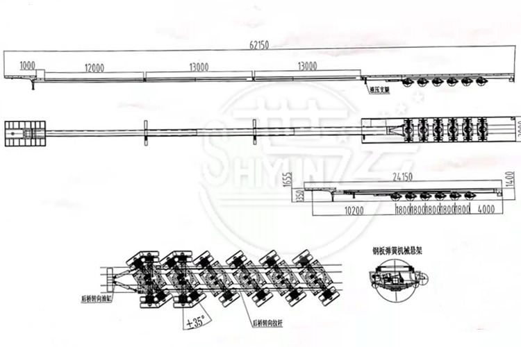 Specification: Brand: Shiyun Brand Extendable Trailer for Windmill Blade Transport Closed length: 24150mmX3000mmX1650mm Total length: 62,000mm after extension Transport: 80m windmill blade Loading capacity: 60 Ton Suspension: Mechanical spring suspension/air suspension/hydraulic suspension optional Platform thickness: 3 mm Hydraulic power station: Diesel engine Tyre: 24pcs Axle: 6 axle Braking system: WABCO emergency valve King pin: 3.5 inch high tensile steel bolted type Landing gear: JOST C200 with hydraulic landing legs optional